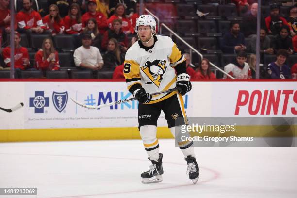 Alex Nylander of the Pittsburgh Penguins skates against the Detroit Red Wings at Little Caesars Arena on April 08, 2023 in Detroit, Michigan.