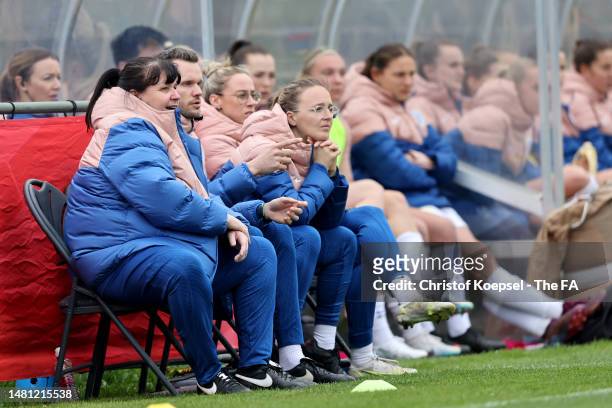Head coach Mo Marley of England reacts during the Women's Under 23 International friendly match between Belgium and England at Cegeka Arena on April...