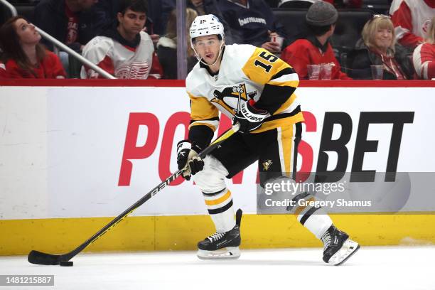 Josh Archibald of the Pittsburgh Penguins skates against the Detroit Red Wings at Little Caesars Arena on April 08, 2023 in Detroit, Michigan.