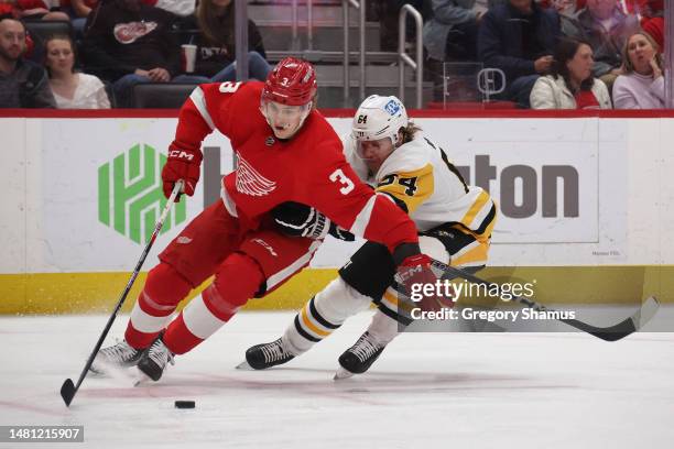Simon Edvinsson of the Detroit Red Wings skates against the Pittsburgh Penguins at Little Caesars Arena on April 08, 2023 in Detroit, Michigan.