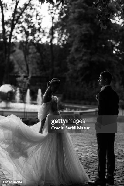 wedding couple on a walk under the rain - stock  photo - marriage equality stock pictures, royalty-free photos & images