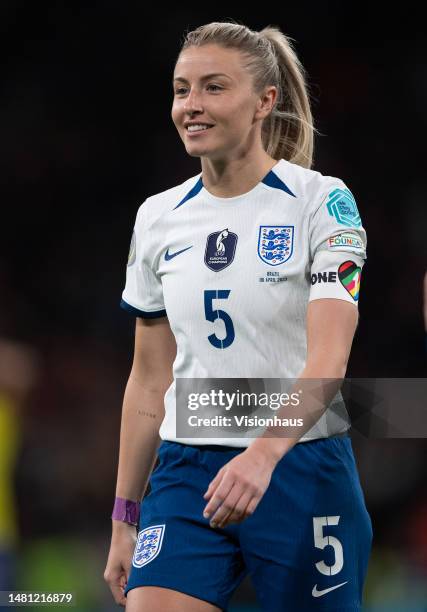 Leah Williamson of England celebrates victory after the Women´s Finalissima 2023 match between England and Brazil at Wembley Stadium on April 06,...