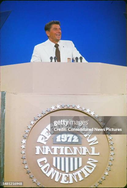 California Governor Ronald Reagan speaks on the opening night of 1972 Republican National Convention at Miami Beach Convention Center, Miami Beach,...