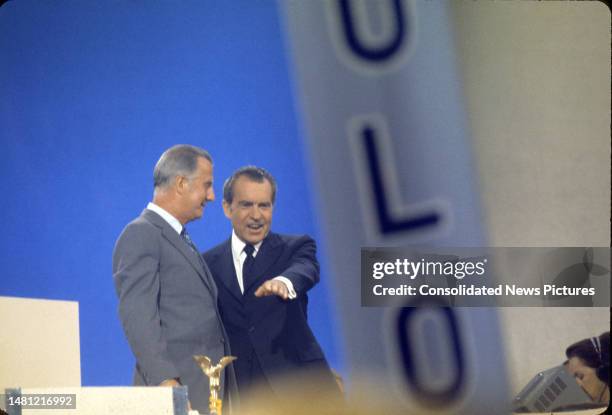 View of US Vice President Spiro Agnew and President Richard Nixon on the podium during 1972 Republican National Convention at Miami Beach Convention...