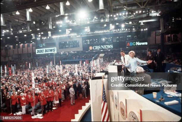 View of California Governor Ronald Reagan and US First Lady Pat Nixon both on the podium on the opening night of 1972 Republican National Convention...