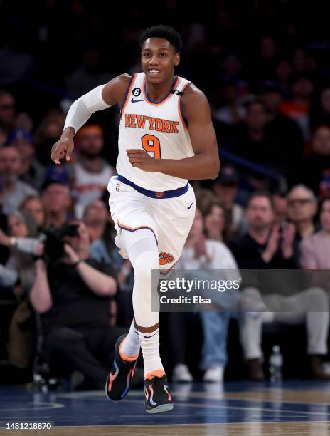 Barrett of the New York Knicks reacts in the first half against the Indiana Pacers at Madison Square Garden on April 09, 2023 in New York City. NOTE...