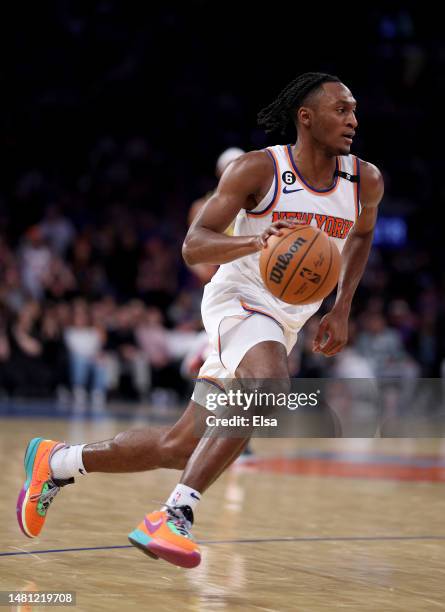 Immanuel Quickley of the New York Knicks drives in the second half against the Indiana Pacers at Madison Square Garden on April 09, 2023 in New York...