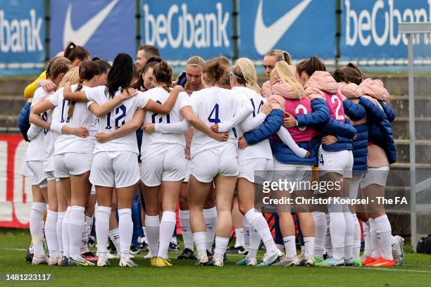 The team of England comes together during the Women's Under 23 International friendly match between Belgium and England at Cegeka Arena on April 10,...