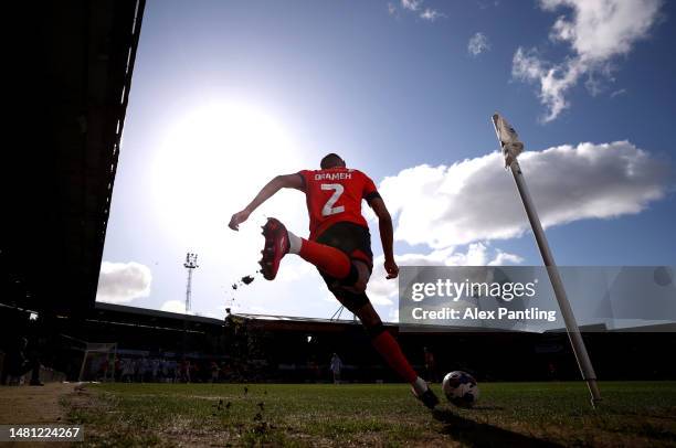 Cody Drameh of Luton Town takes a corner kick during the Sky Bet Championship between Luton Town and Blackpool at Kenilworth Road on April 10, 2023...