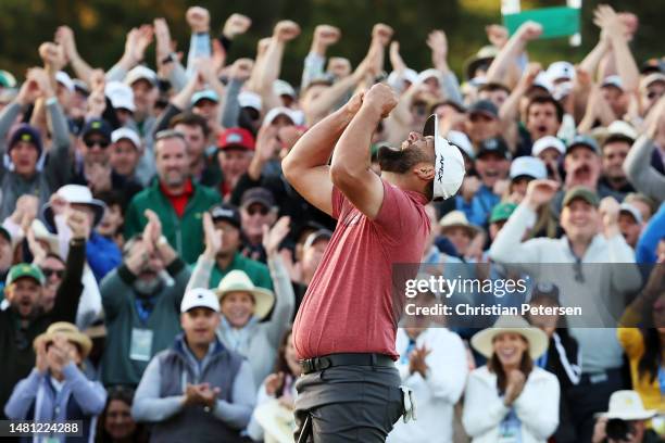 Jon Rahm of Spain celebrates on the 18th green after winning the 2023 Masters Tournament at Augusta National Golf Club on April 09, 2023 in Augusta,...