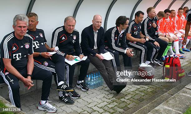 Matthias Sammer , new Senior Executive President Sport of FC Bayern Muenchen looks on at the bench prior the friendly match between SpVgg...