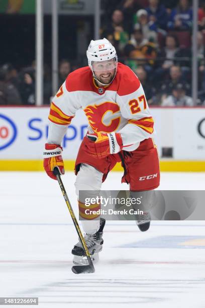 Nick Ritchie of the Calgary Flames skates up ice during the first period of their NHL game against the Vancouver Canucks at Rogers Arena on April 8,...