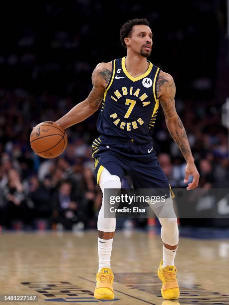 George Hill of the Indiana Pacers leads the offense in the first half against the New York Knicks at Madison Square Garden on April 09, 2023 in New...