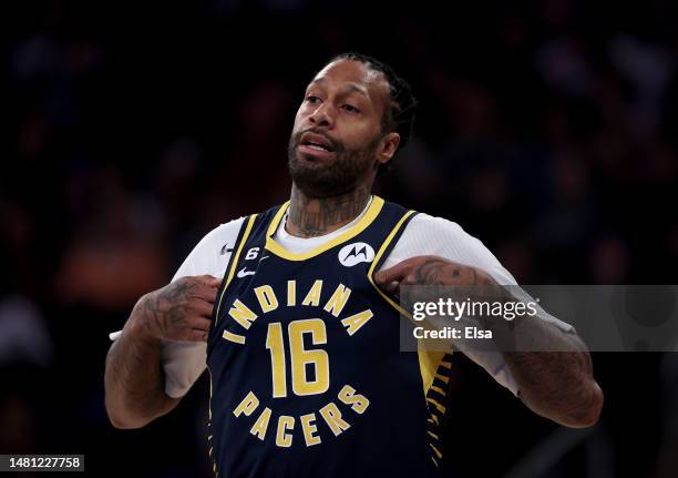 James Johnson of the Indiana Pacers reacts against the New York Knicks at Madison Square Garden on April 09, 2023 in New York City. NOTE TO USER:...