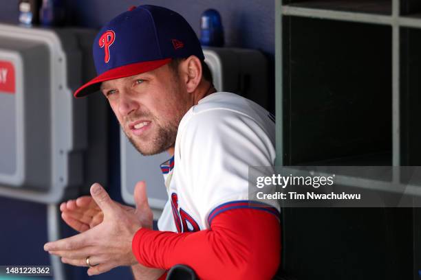 Rhys Hoskins of the Philadelphia Phillies looks on against the Cincinnati Reds at Citizens Bank Park on April 09, 2023 in Philadelphia, Pennsylvania.