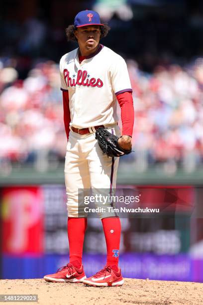 Taijuan Walker of the Philadelphia Phillies pitches against the Cincinnati Reds at Citizens Bank Park on April 09, 2023 in Philadelphia, Pennsylvania.