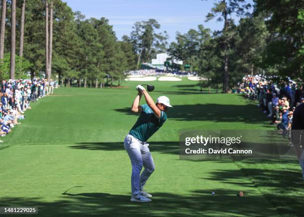 Viktor Hovland of Norway plays his tee shot on the seventh hole during the final round of the 2023 Masters Tournament at Augusta National Golf Club...