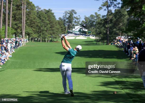 Viktor Hovland of Norway plays his tee shot on the seventh hole during the final round of the 2023 Masters Tournament at Augusta National Golf Club...