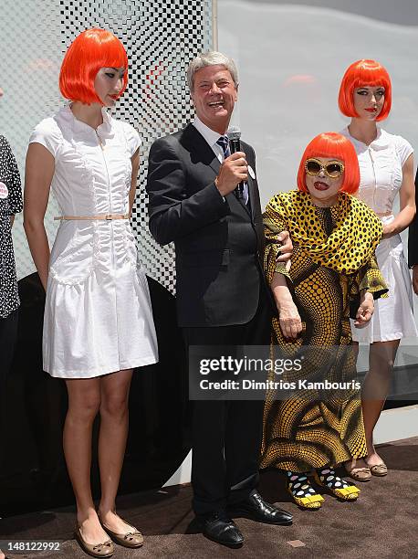Louis Vuitton Chairman and CEO, Yves Carcelle and Yayoi Kusama attend the Louis Vuitton And Yayoi Kusama Collaboration Unveiling at Louis Vuitton...