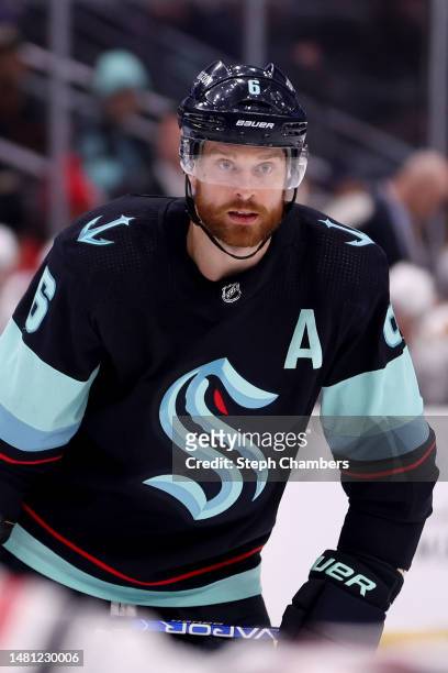 Adam Larsson of the Seattle Kraken skates against the Chicago Blackhawks during the second period at Climate Pledge Arena on April 08, 2023 in...
