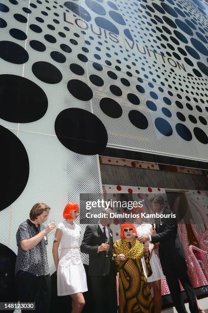 Louis Vuitton Chairman and CEO, Yves Carcelle and Yayoi Kusama attend the Louis Vuitton And Yayoi Kusama Collaboration Unveiling at Louis Vuitton...