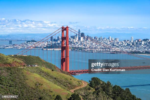 golden gate bridge and san francisco city view from marin headlands in springtime - golden gate foto e immagini stock
