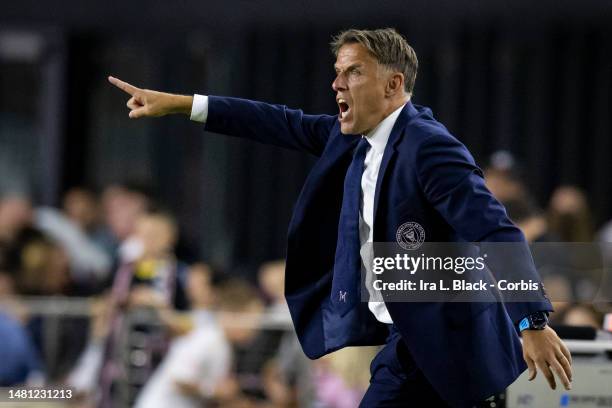 Phil Neville Heads Coach of Inter Miami CF gives instruction to his team from the sidelines during the National Anthem prior to the Major League...