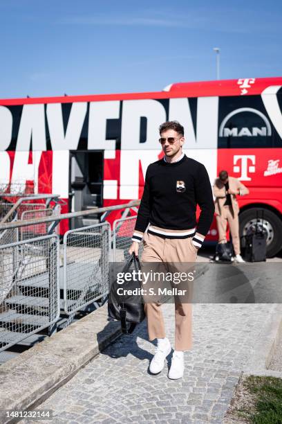 Leon Goretzka of FC Bayern Muenchen at the munich airport ahead of their UEFA Champions League quarterfinal first leg match against Manchester City...