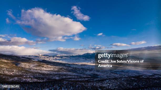 Aerial view of snowy mountain range, Warm Springs Nevada, Tonopah Highway 95, Great Basin Mountain Range.