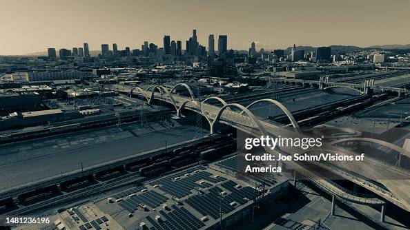 Aerial view of new 6th State Bridge leads from East LA to downtown Los Angeles, CA.