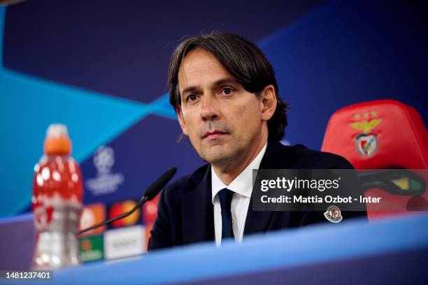 Head Coach Simone Inzaghi of FC Internazionale speaks with the media during the press conference ahead of their UEFA Champions League quarterfinal...