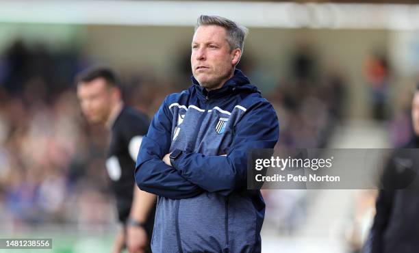 Gillingham Manager Neil Harris looks on during the Sky Bet League Two between Northampton Town and Gillingham at Sixfields on April 10, 2023 in...