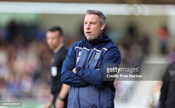 Gillingham Manager Neil Harris looks on during the Sky Bet League Two between Northampton Town and Gillingham at Sixfields on April 10, 2023 in...