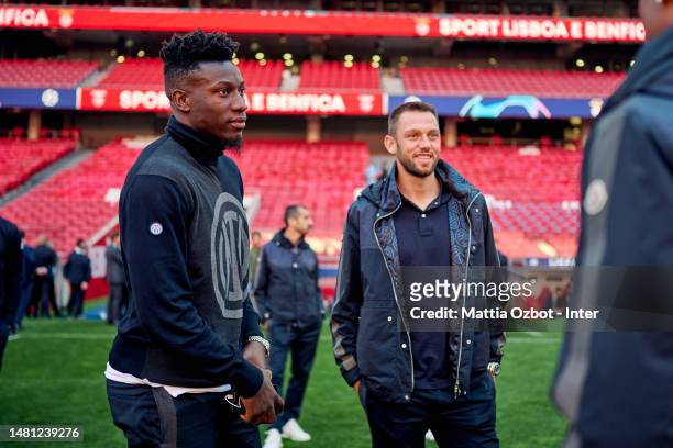 André Onana of FC Internazionale looks on during the pitch inspection ahead of their UEFA Champions League quarterfinal first leg match against SL...