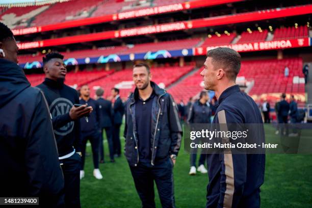 Stefan De Vrij of FC Internazionale looks on during the pitch inspection ahead of their UEFA Champions League quarterfinal first leg match against SL...