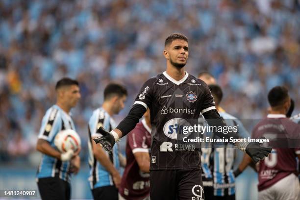 Goalkeeper Bruno Ferreira of Caxias reacts during Campeonato Gaucho Final match between Gremio and Caxias do Sul at Arena do Gremio on April 9, 2023...