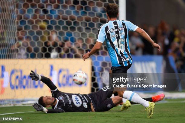 Lucas Silva of Gremio attempts a kick for score his goal during Campeonato Gaucho Final match between Gremio and Caxias do Sul at Arena do Gremio on...