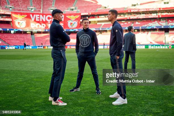 Kristjan Asllani of FC Internazionale looks on during the pitch inspection ahead of their UEFA Champions League quarterfinal first leg match against...