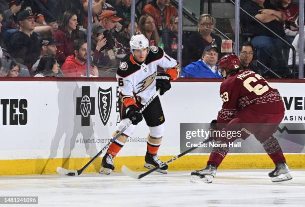 Ryan Strome of the Anaheim Ducks looks to pass the puck against the Arizona Coyotes at Mullett Arena on April 08, 2023 in Tempe, Arizona.