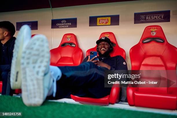 Romelu Lukaku of FC Internazionale looks on during the pitch inspection ahead of their UEFA Champions League quarterfinal first leg match against SL...