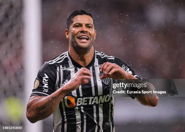 Givanildo de Sousa Hulk celebrates after scoring twice for Atletico Mineiro during Campeonato Mineiro Final match between Atletico Mineiro and...