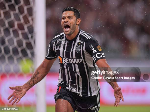 Givanildo de Sousa Hulk celebrates after scoring twice for Atletico Mineiro during Campeonato Mineiro Final match between Atletico Mineiro and...