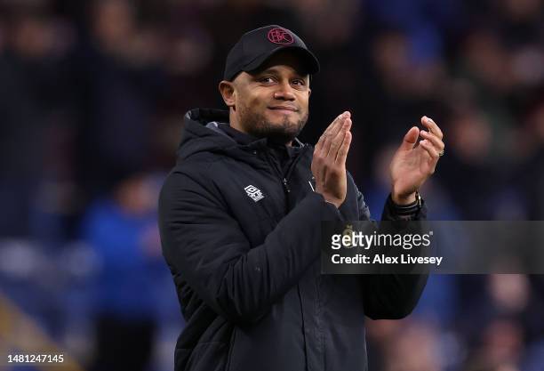 Vincent Kompany the manager of Burnley applauds their support after the Sky Bet Championship between Burnley and Sheffield United at Turf Moor on...