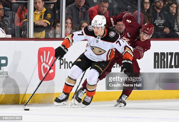 Frank Vatrano of the Anaheim Ducks skates with the puck against the Arizona Coyotes at Mullett Arena on April 08, 2023 in Tempe, Arizona.