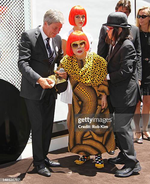 Japanese artist, Yayoi Kusama and Louis Vuitton Chairman and CEO, Yves Carcelle attend the Louis Vuitton and Yayoi Kusama Collaboration Unveiling at...