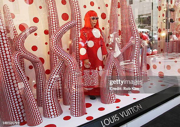 Wax figure of Japanese artist, Yayoi Kusama at the Louis Vuitton and Yayoi Kusama Collaboration Unveiling at Louis Vuitton Maison on Fifth Avenue on...
