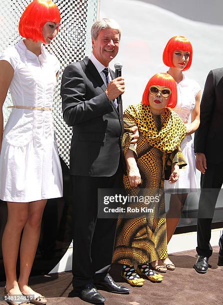 Japanese artist, Yayoi Kusama and Louis Vuitton Chairman and CEO, Yves Carcelle attend the Louis Vuitton and Yayoi Kusama Collaboration Unveiling at...