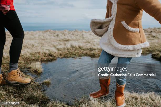 a little girl in warm clothing explores a beautiful landscape - male feet pics stock pictures, royalty-free photos & images