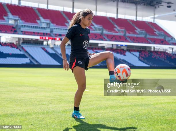 Alyssa Thompson of the United States warms up during a USWNT training session at City Park on April 10, 2023 in St. Louis, Missouri. .