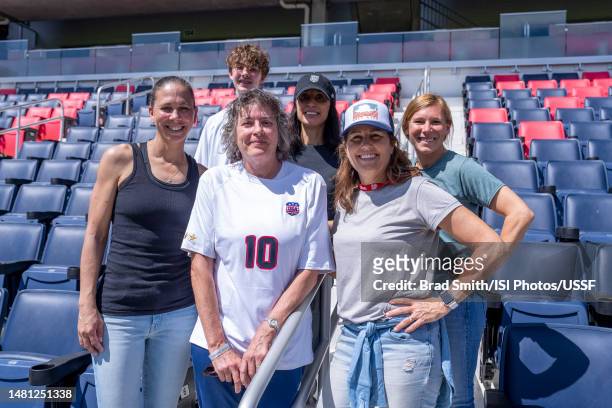 Shannon Boxx, Ruth Harker, Kate Markgraf, Julie Foudy, and Lori Chalupny of the United States pose for a photo during a USWNT training session at...